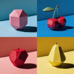 Poster - Colorful geometric fruit paper cutouts on a vibrant background.