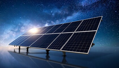Solar panel array reflecting on a calm surface under a vibrant night sky