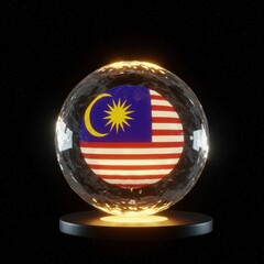 Poster - Malaysian Flag Encapsulated in a Glowing Crystal Sphere against a Dark Background: A Digital Rendering of National Pride