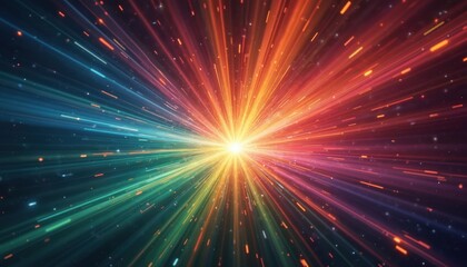 Poster - Abstract digital technology illustration features a vibrant rainbow aurora burst. Glowing light beams emanate from a central star, creating a cosmic cyberspace effect with particle streams.