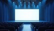 © Maryna - Modern theatre stage features clean white screen for presentations. Blue curtains frame scene. Rows of empty seats face illuminated display. Professional venue setup for events, entertainment, shows.