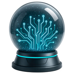 Poster - Futuristic snow globe with glowing circuit patterns inside clear glass sphere on modern base design