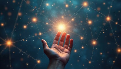 Poster - Open hand reaches towards glowing star network in cosmic nebula. Digital connections, futuristic technology, space exploration, and science innovation symbolize communication and data.