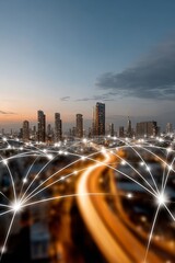 Poster - Dusk cityscape with illuminated skyscrapers, highlighting technology and global connections.