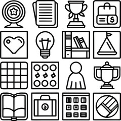 Poster - A collection of simple black and white line art icons representing various concepts like success achievement learning business and teamwork for graphic design