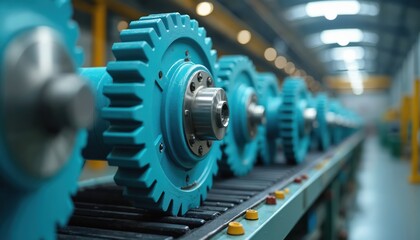 Poster - Row of blue industrial gears on conveyor belt. Metal components move along assembly line in factory. Precision machinery part of manufacturing process. Automation technology powers production.