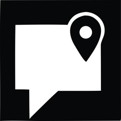 Poster - A stark black and white icon representing a speech bubble with a location pin signifying a message or comment associated with a specific place