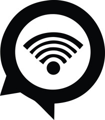 Poster - A black and white graphic icon featuring a wi fi signal symbol enclosed within a speech bubble shape representing wireless communication and connectivity