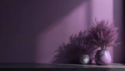 Poster - Minimalist interior scene features purple plants in pots against plain purple wall. Sunlight casts dramatic shadows creating modern, artistic backdrop for product displays design concepts. Offers