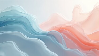 Poster - Abstract digital art features soft pastel waves in blue, pink hues. Smooth, flowing layers create gentle gradient, resembling silk fabric flowing water. Minimalist design, ideal for backgrounds,