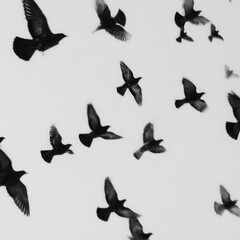 Poster - A flock of birds in flight against a light background.