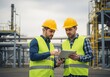 © senyumanmu - Two engineers in hard hats and vests use a tablet at an industrial site