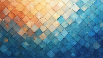 Poster - Vibrant geometric pattern illustration featuring squares in blue, orange, beige tones. Modern abstract design displays tiled mosaic texture, perfect for contemporary decor graphic backgrounds.