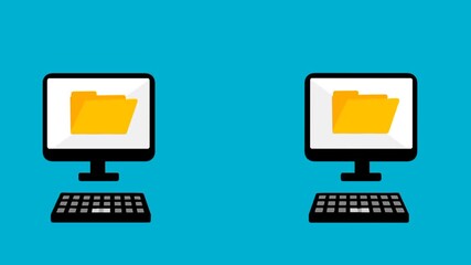 Poster - Copying files animation. Duplicating documents. Moving files between folders. Transferring data between two computers.