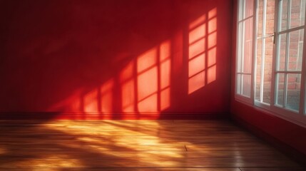 Poster - Bright Sunlight Illuminates a Minimalist Red Interior Space with Large Windows and Wooden Flooring
