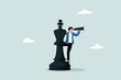 © NASIH - Business planning strategy, leadership vision for decision making, management concept or business opportunity, entrepreneur standing on king chess piece using telescope to see business vision.