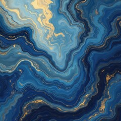 Poster - Abstract illustration features fluid marble pattern with swirls of deep blue, vibrant gold. Dynamic liquid design flowing movement, energetic textures, perfect for decorative backgrounds, modern