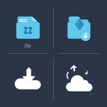 Four icons displaying zip file folder download and cloud upload on a dark blue background