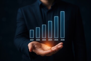Poster - Rising Growth Presented: An elegant businessman presents a dynamic chart, symbolizing growth, development, and future success. The chart is highlighted in a subtle glow.