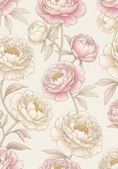 Poster - Delicate floral pattern of pink and beige peonies creates an elegant backdrop