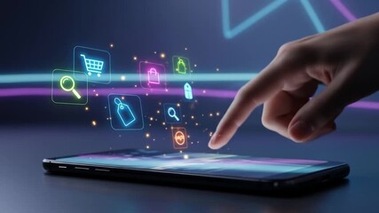 Hand tapping phone screen activates interface for online shopping and retail promotion