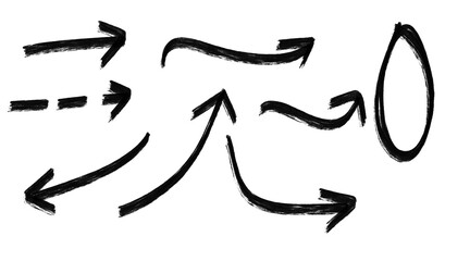 Poster - Dynamic set of black hand-drawn arrows, brush strokes, artistic directions for emphasis and navigation on transparent background