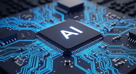 Fototapete - Artificial Intelligence Chip on Futuristic Circuit Board Modern AI Technology, Machine Learning, Data Processing Concept for Innovation and Digital Transformation Projects