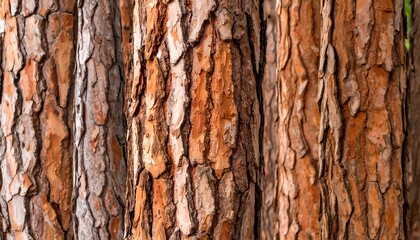 Close-up of several tree trunks, showing textured bark in shades of brown and reddish-brown