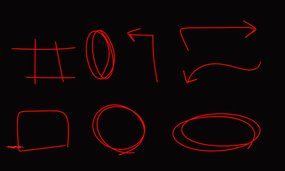 Poster - Dynamic assortment of hand-drawn, vibrant red shapes, including arrows and circles, suitable for emphasizing elements on transparent background