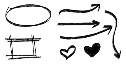 Poster - Expressive hand-drawn arrows, shapes, and hearts creating a dynamic design element ready for use on transparent background