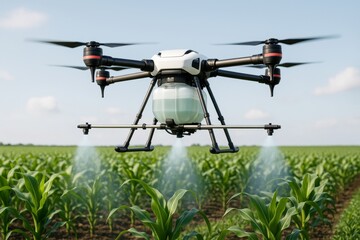 Poster - Agricultural drone spraying crops with precision farming technology in a green field under a clear sky, showcasing innovation and automation. Ai generative