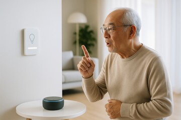 Poster - Elderly man using smart speaker voice command to control light switch in modern home with soft light and minimalistic interior background. Ai generative
