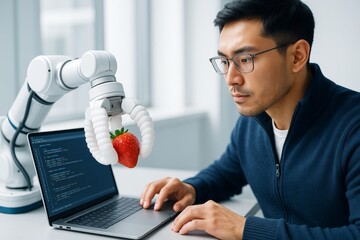 Poster - Engineer programming robotic arm to handle strawberry on laptop in modern lab, showcasing advanced food handling technology on bright background. Ai generative