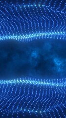 Poster - Flowing waves of glowing blue dots forming a symmetrical digital curtain over a cloudy backdrop