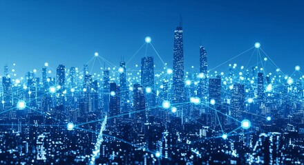 Fototapete - Futuristic Smart City Skyline with Digital Data Connections and Blue Lights Innovation, IoT, and Future Urban Technology Infrastructure Concept for Modern Development