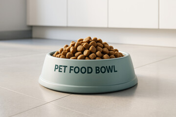 Poster - Pet food bowl mockup filled with kibble on a clean tiled floor in a bright kitchen, showcasing branding concept and presentation layout design. Ai generative