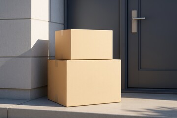 Poster - Two blank cardboard boxes stacked on doorstep near modern dark door, minimal clean layout in natural light, perfect for delivery mockup display. Ai generative