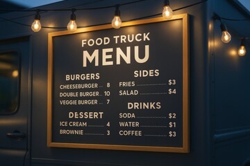 Poster - Food truck menu mockup with illuminated frame on dark vehicle exterior under string lights at night, ideal for branding and design presentations. Ai generative