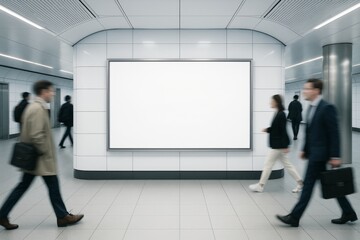 Poster - Blank billboard mockup in modern subway station with people walking by, perfect for advertising, branding, or poster design presentation. Ai generative
