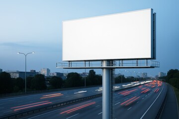 Poster - Blank billboard mockup above busy highway with cityscape background during evening twilight for outdoor advertising presentation concept. Ai generative