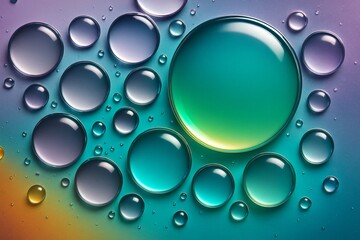 Poster - Abstract colored liquid bubbles floating on a smooth gradient background with glowing light reflections and depth illusion. Ai generative. Ai generative
