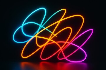 Poster - Abstract glowing neon light trails in vibrant blue, orange, pink, and red swirls on a dark background, symbolizing energy and technology concept. Ai generative