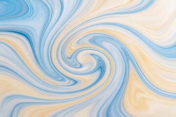 Poster - Abstract fluid swirl in soft pastel blue and yellow hues forming a hypnotic marble texture background with light tones and flowing motion pattern. Ai generative