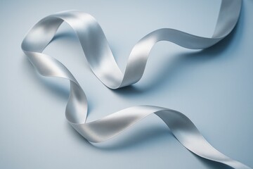 Poster - Elegant silver satin ribbon flowing across a smooth pastel blue surface in soft light, representing an abstract concept of grace and minimal style. Ai generative