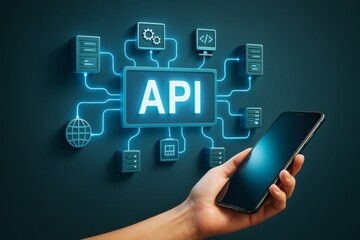 Poster - Smartphone interacting with digital API system illustrating online platform and data service connection concept on dark background with neon light.