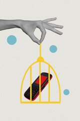 Poster - Poster sketch image artwork 3D photo collage of hand hold cage chain lock prison mobile cellphone cyber safety communication prison