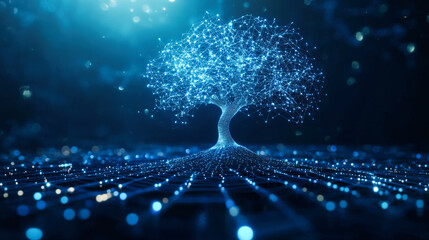 Poster - A stylized tree composed of interconnected lines and nodes, resembling a neural network or data visualization
