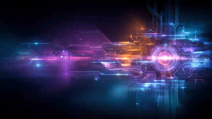 Poster - A futuristic abstract technology background with neon lights and glowing circuit lines