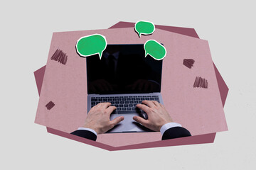 Poster - Poster abstract collage of hands holding netbook with textbox over pink color background