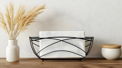 Wall Mural - Black metal napkin holder with white napkins and pampas grass.  A vase of dried pampas grass sits next to the holder on a wooden surface. A small ceramic bowl sits on the right